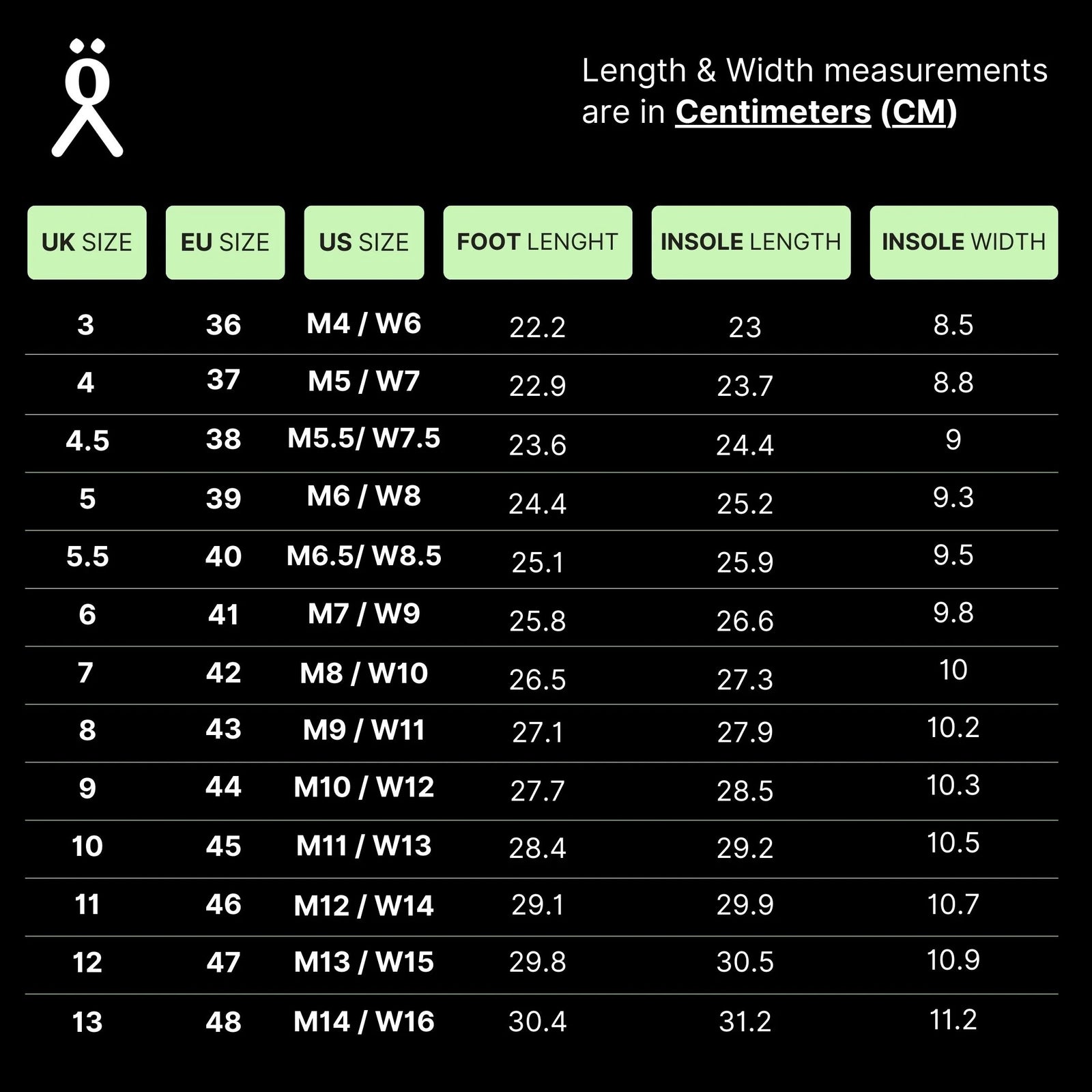 Size guide - take one size up