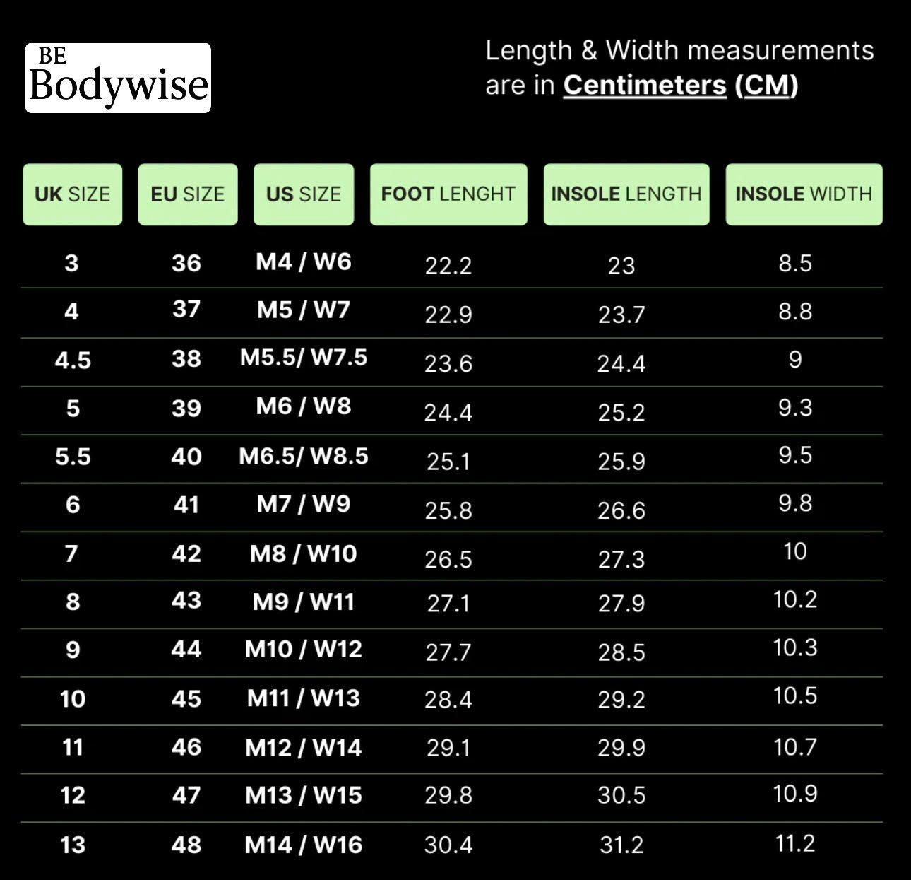 Size guide - take one size up